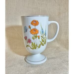 Vintage pedestal coffee cup mug blue butterfly & flowers